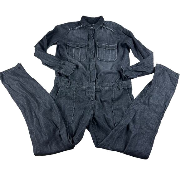 ETIENNE MARCELL Washed Black Gray Frayed Long Sleeve Denim Utility Jumpsuit S - Picture 1 of 9